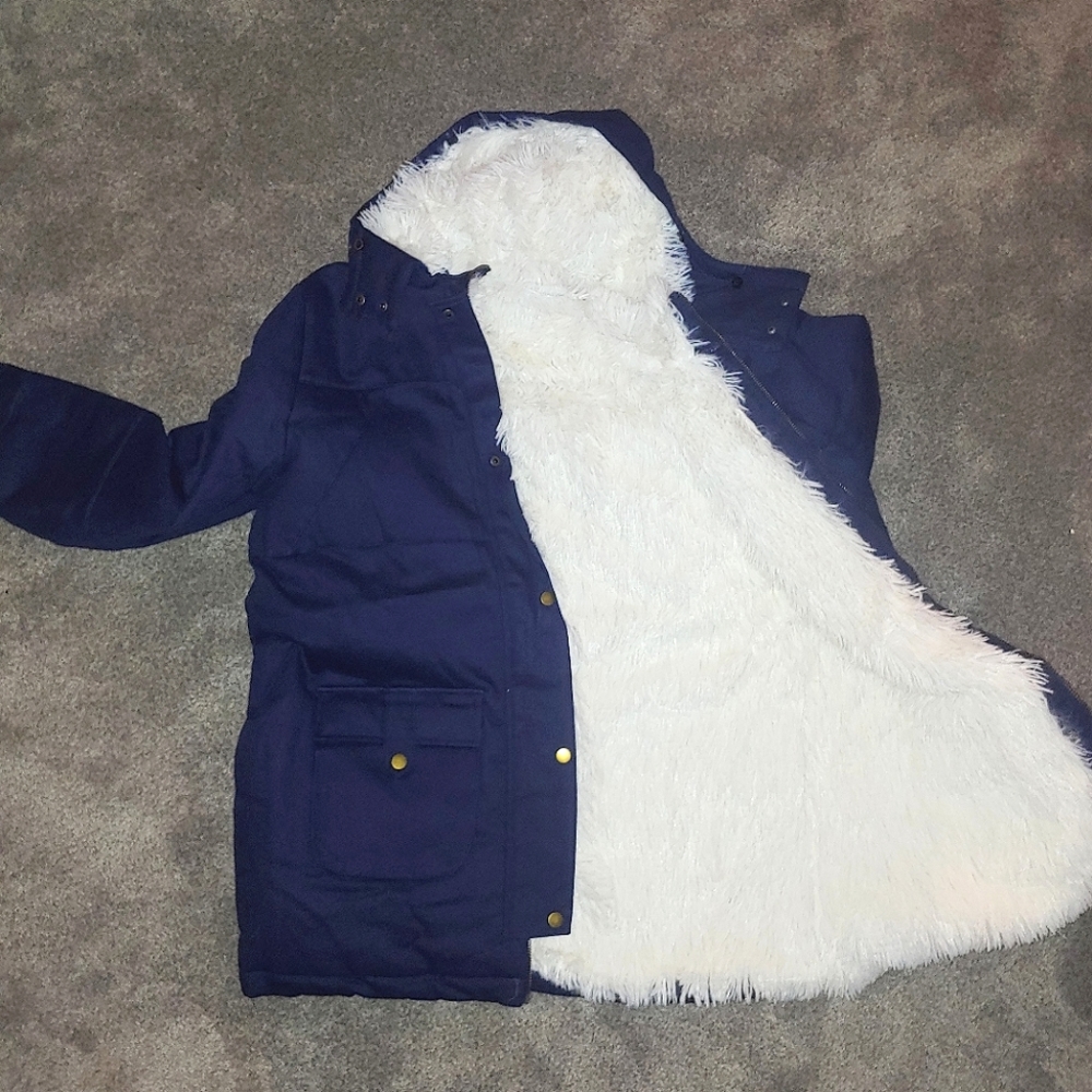 LARGE Navy Jacket Women's Coat White Shaggy Mohair Lining Wool Removable Hood